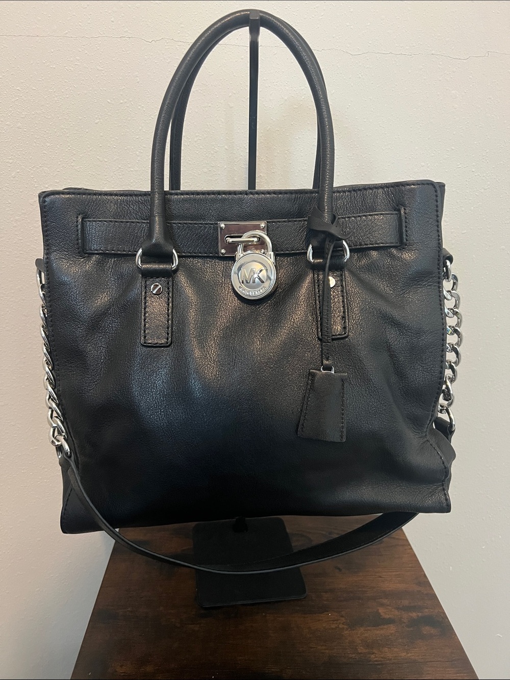 Michael Kors Hamilton Large Black Saffiano Leather Padlock Chain Tote